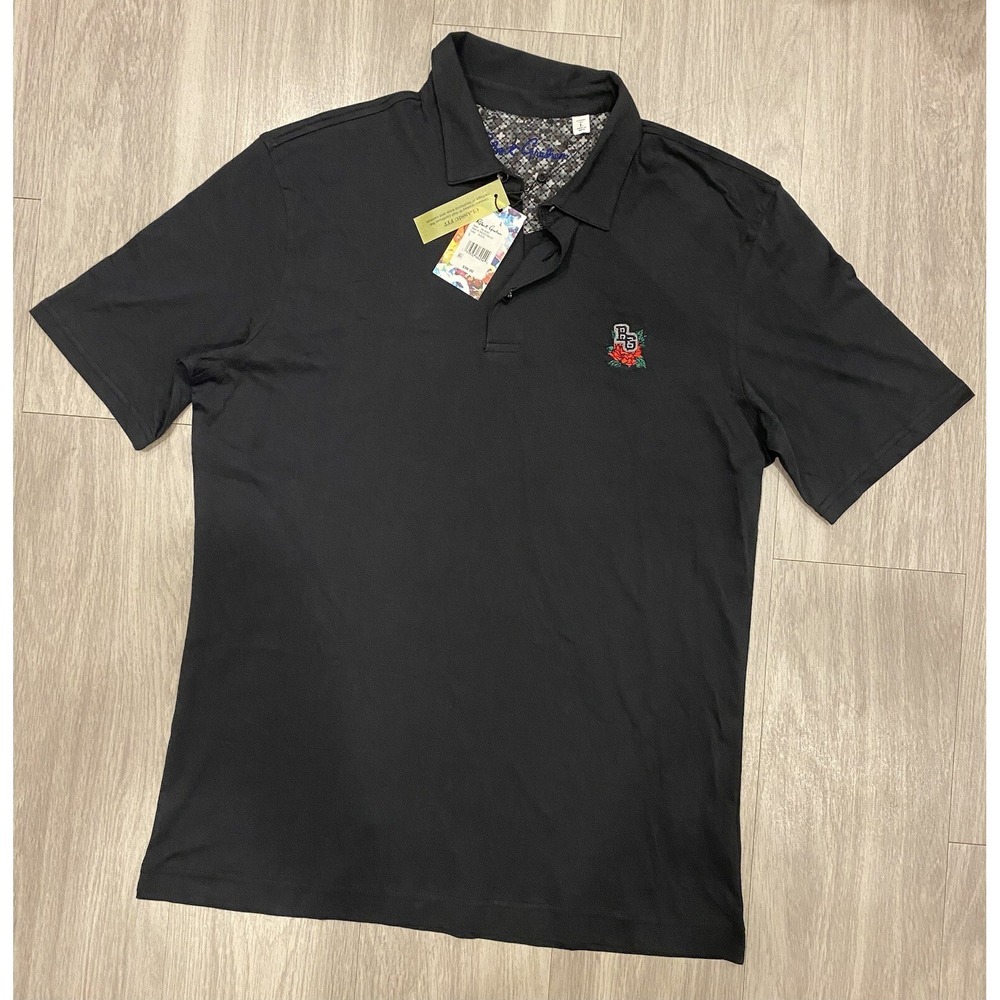 Robert Graham Black RG Rose Embroidered Knit Polo Men's Large L Shirt Cotton $98